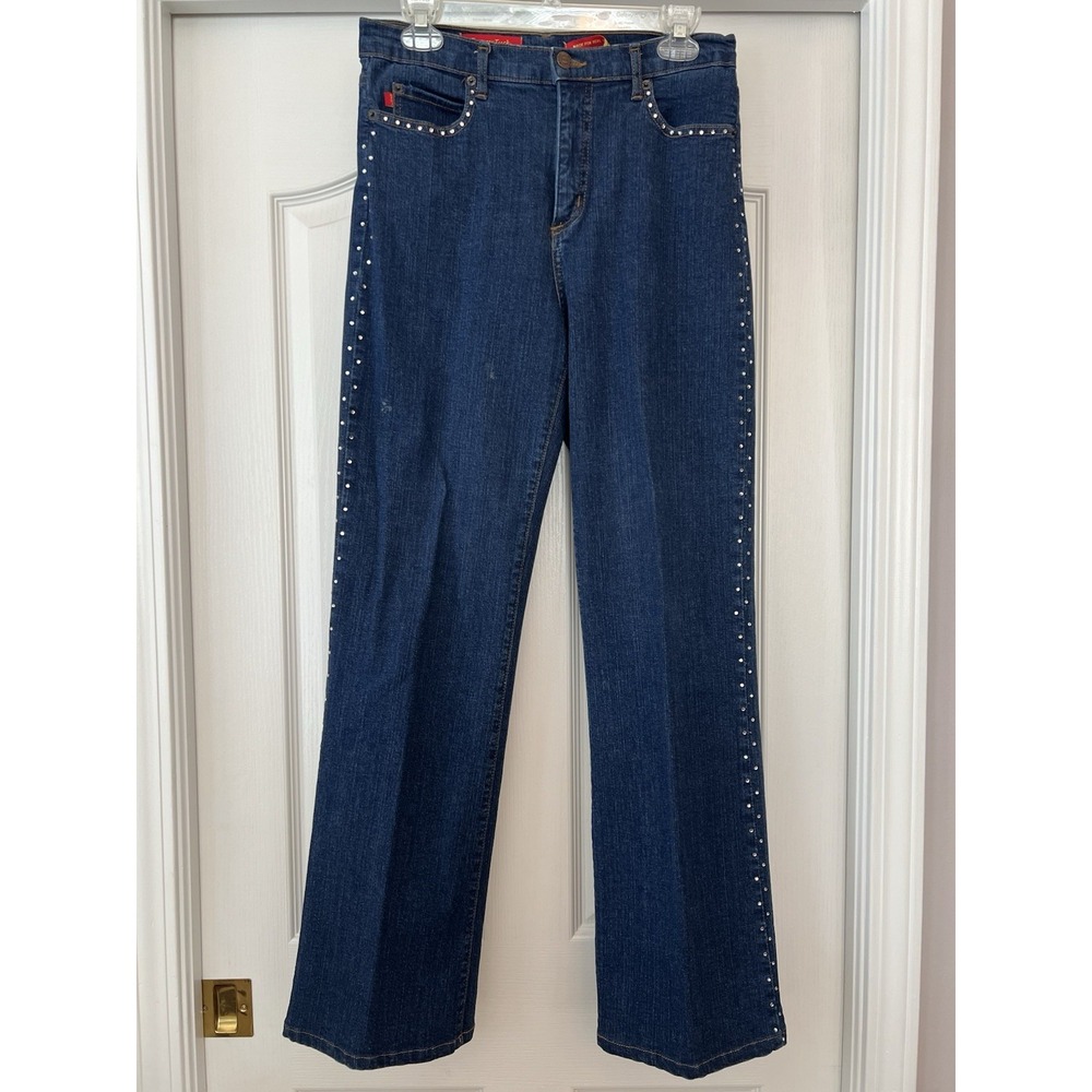 NYDJ Tummy Tuck Jeans Bootcut Rhinestone Embellished Dark Wash SZ 8 Read